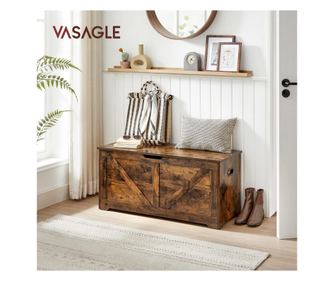 VASAGLE Banca de depozitare tip cufar, cu 2 balamale de siguranta, stil hambar, 40x100x46cm, maro rustic
