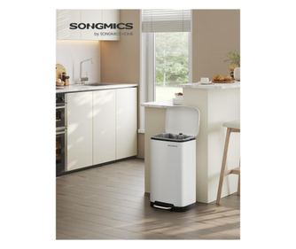 SONGMICS Cos de gunoi din otel cu pedala, 30litri, cu galeata interioara si capac, soft close, 34x61x32cm, alb