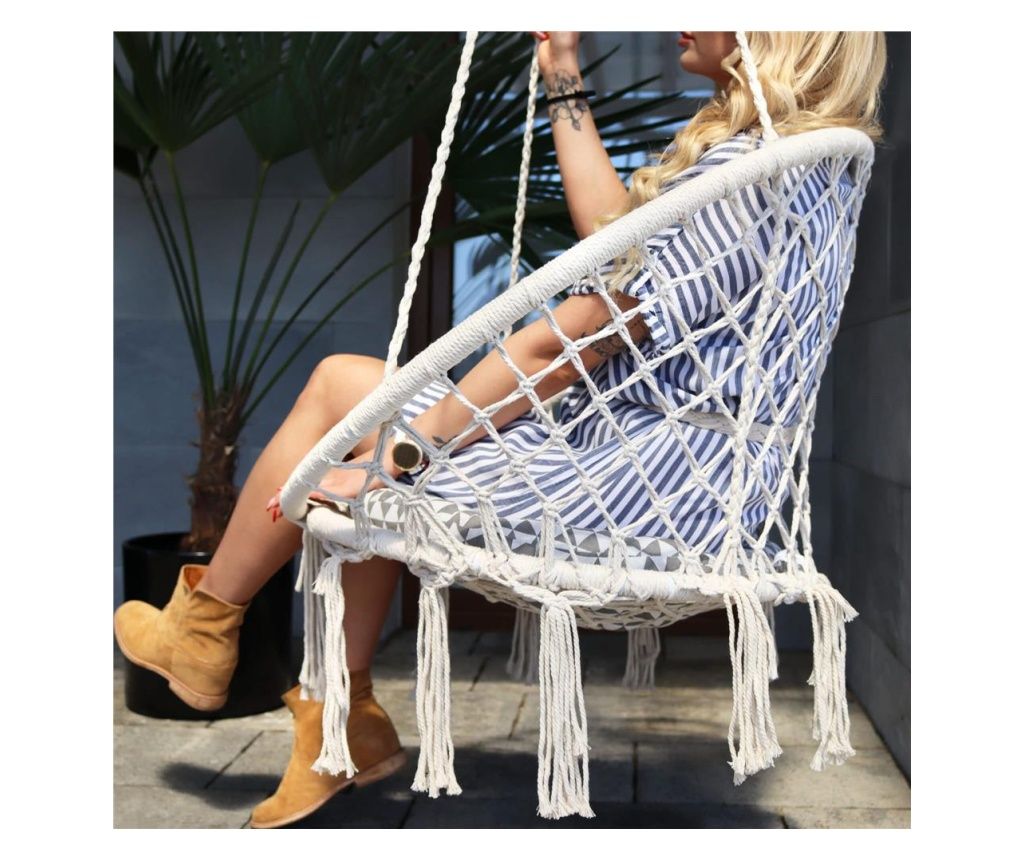 Scaun rotund tip leagan suspendat pentru casa sau gradina, cu franjuri, 150kg, crem