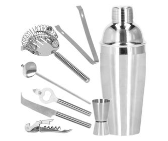 Set Cocktail Shaker Kit pentru barmani 550ml, KI22, suport bambus, 9 piese
