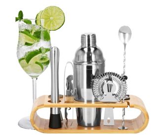 Set Cocktail Shaker Kit pentru barmani 750ml, KI25, suport bambus, 12 piese