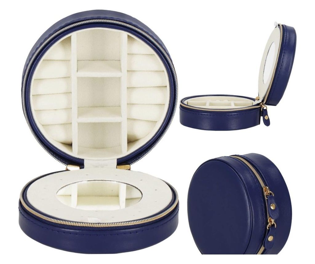 (DL) Cutie depozitare si organizare bijuterii, MDF, piele ecologica, 11 x 5cm, albastru marin