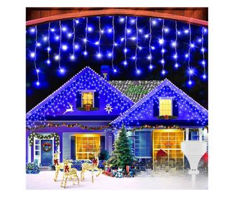 Instalatie Craciun Turturi MRG M946, Albastru, 12M, Intreconectabila, 8 Jocuri de Lumini, Flash, Perdea, Franjuri, Exterior - In