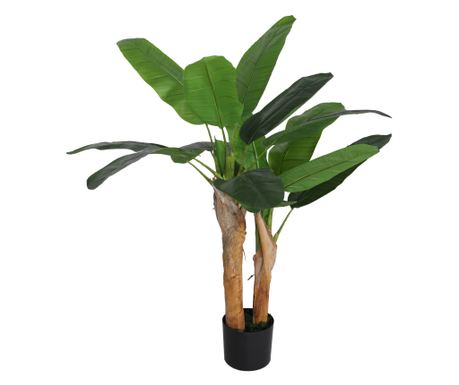 Plantă Artificială de Banane, Înălțime 120 cm, cu Ghiveci Inclus, 2 Tulpini și 15 Frunze pentru Interior, Birou, Living, Verde
