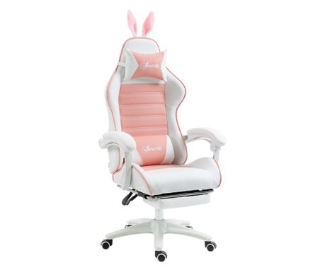 Ergonomikus gamer szék nyuszi fülekkel és kihúzható lábtartóval, 65x63x136-142 cm, rózsaszín