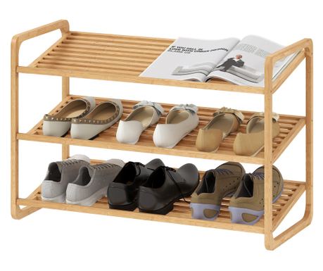 Raft pentru Încălțăminte cu 3 Niveluri pentru 12 Perechi de Pantofi din Bambus, Raft cu Lamele pentru Intrare și Dormitor, 76x33