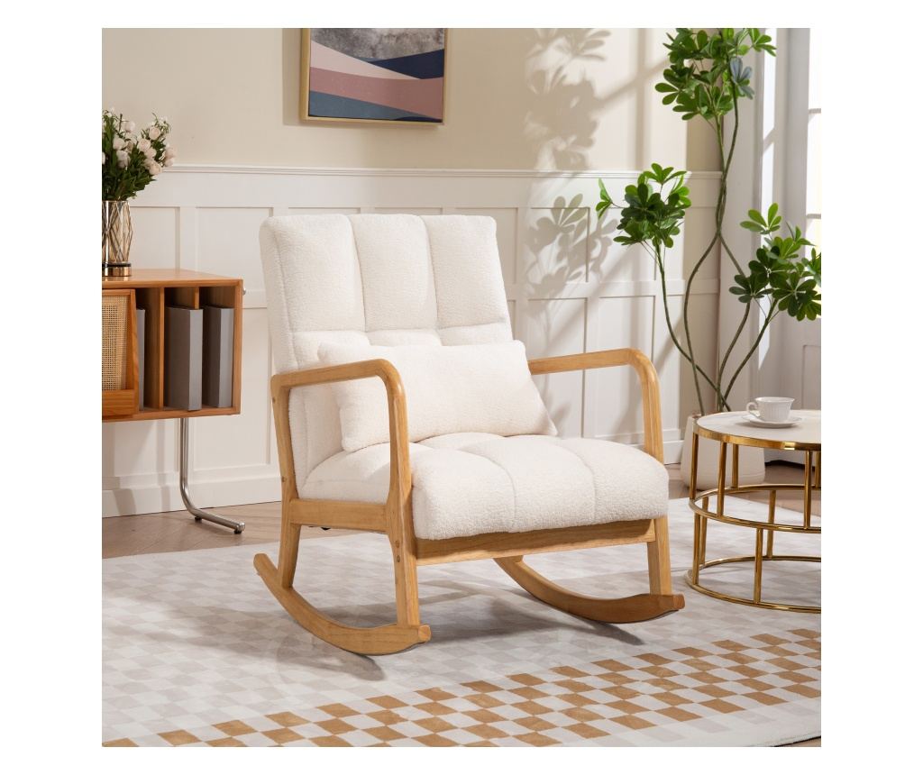 Scaun balansoar, Sherpa Fleece Accent Chair, fotoliu balansoar cu pernă lombară, bază din lemn de cauciuc pentru camera de zi, d - 2