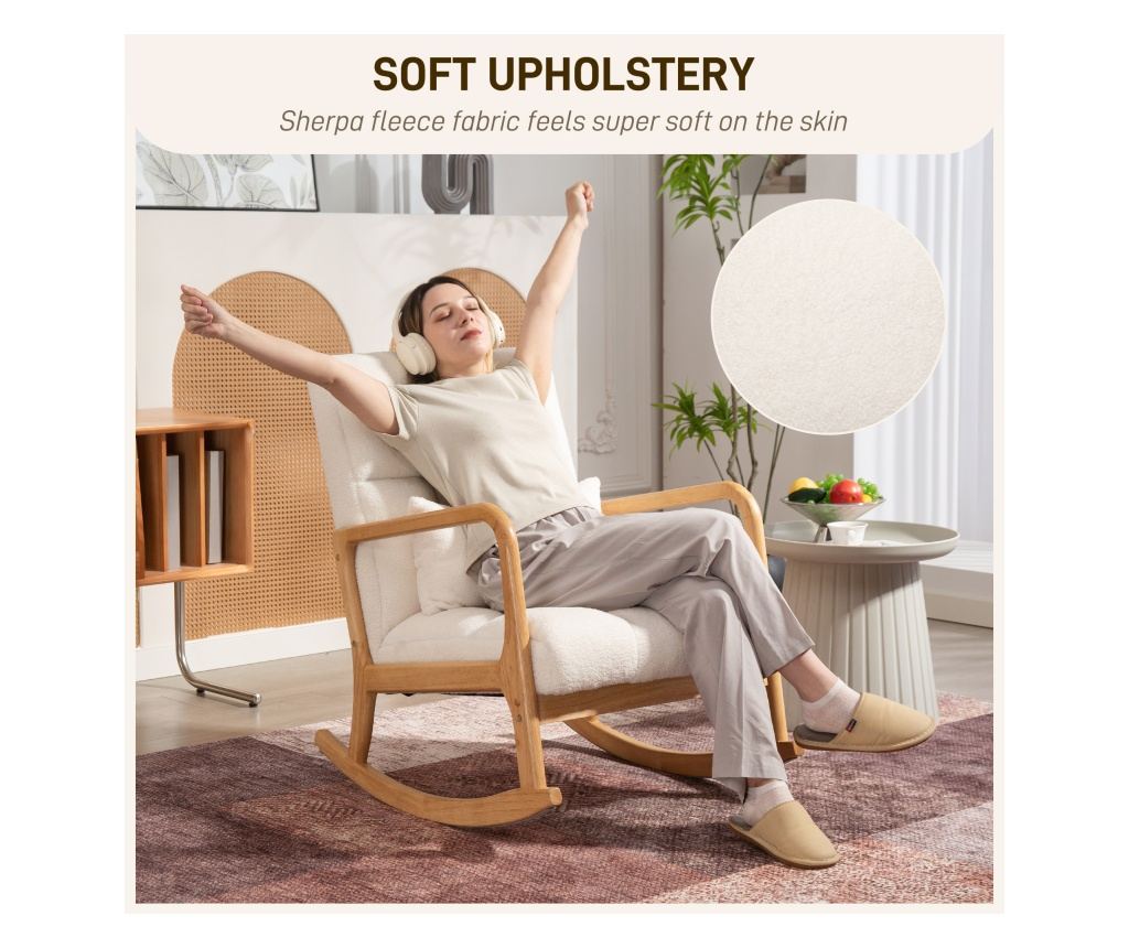 Scaun balansoar, Sherpa Fleece Accent Chair, fotoliu balansoar cu pernă lombară, bază din lemn de cauciuc pentru camera de zi, d - 5