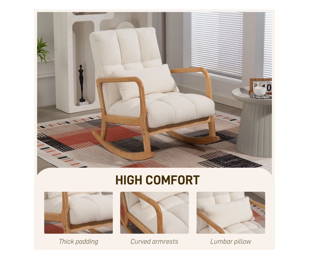 Scaun balansoar, Sherpa Fleece Accent Chair, fotoliu balansoar cu pernă lombară, bază din lemn de cauciuc pentru camera de zi, d - 6