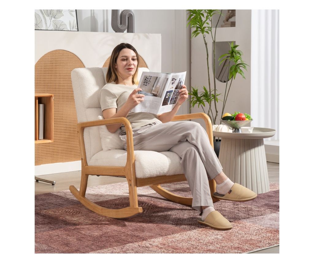 Scaun balansoar, Sherpa Fleece Accent Chair, fotoliu balansoar cu pernă lombară, bază din lemn de cauciuc pentru camera de zi, d - 8
