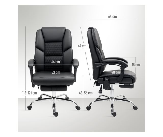 Masszázs Vibrációs Irodai Szék, Magas Háttámlával és Állítható Magassággal, 66x64x113-121 cm, Fekete