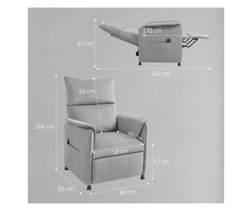 Fotoliu Reclinabil Electric Silențios, Fotoliu Relaxare 160° din Material Textil pentru Persoane în Vârstă, cu Funcție de Memori - 3