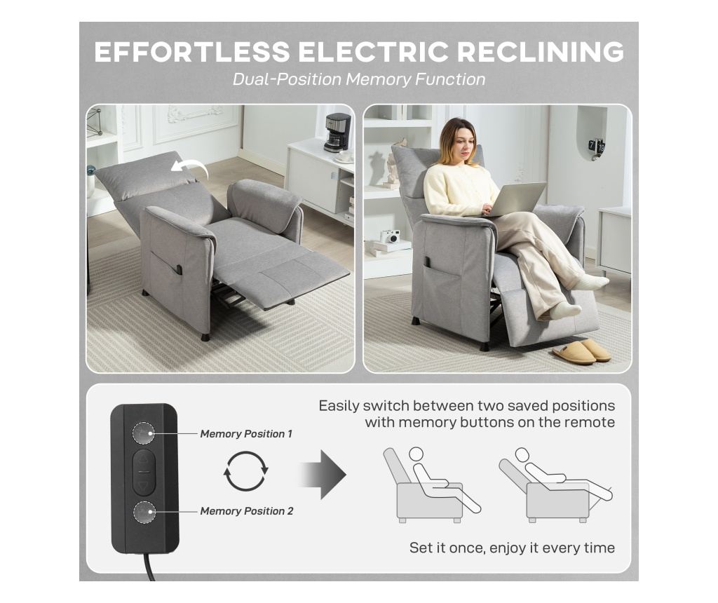 Fotoliu Reclinabil Electric Silențios, Fotoliu Relaxare 160° din Material Textil pentru Persoane în Vârstă, cu Funcție de Memori - 5