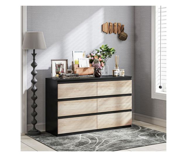 Comodă cu 6 Sertare și Picioare Antiderapante din Lemn, 120x39x75 cm, Negru