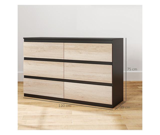 Comodă cu 6 Sertare și Picioare Antiderapante din Lemn, 120x39x75 cm, Negru