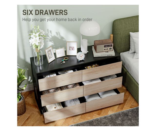 Comodă cu 6 Sertare și Picioare Antiderapante din Lemn, 120x39x75 cm, Negru