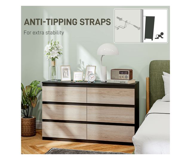 Comodă cu 6 Sertare și Picioare Antiderapante din Lemn, 120x39x75 cm, Negru