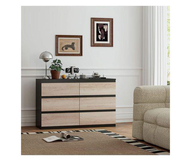 Comodă cu 6 Sertare și Picioare Antiderapante din Lemn, 120x39x75 cm, Negru