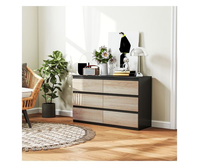 Comodă cu 6 Sertare și Picioare Antiderapante din Lemn, 120x39x75 cm, Negru