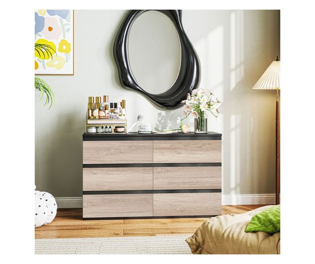 Comodă cu 6 Sertare și Picioare Antiderapante din Lemn, 120x39x75 cm, Negru