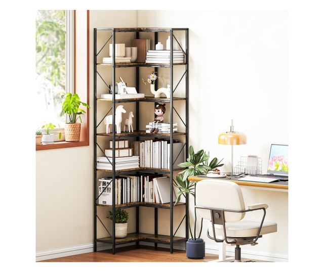 Raft de colț cu 7 trepte, bibliotecă industrială în formă de L, raft de depozitare independent pentru birou acasă, cameră de zi,