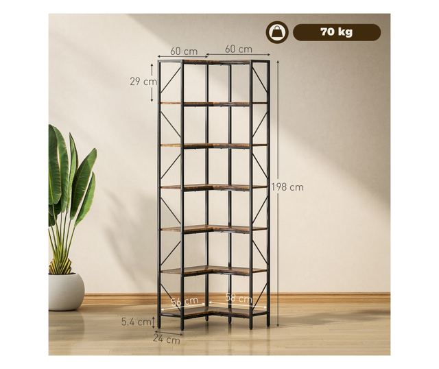 Raft de colț cu 7 trepte, bibliotecă industrială în formă de L, raft de depozitare independent pentru birou acasă, cameră de zi,