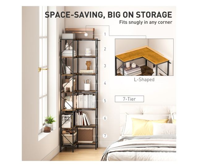 Raft de colț cu 7 trepte, bibliotecă industrială în formă de L, raft de depozitare independent pentru birou acasă, cameră de zi,