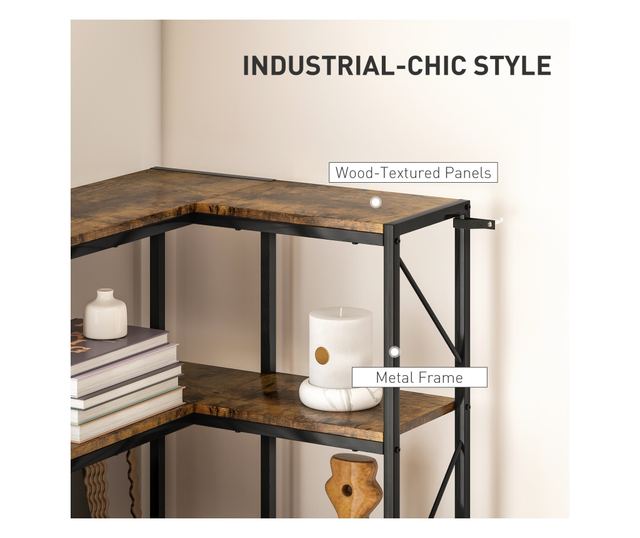 Raft de colț cu 7 trepte, bibliotecă industrială în formă de L, raft de depozitare independent pentru birou acasă, cameră de zi,