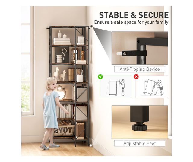 Raft de colț cu 7 trepte, bibliotecă industrială în formă de L, raft de depozitare independent pentru birou acasă, cameră de zi,