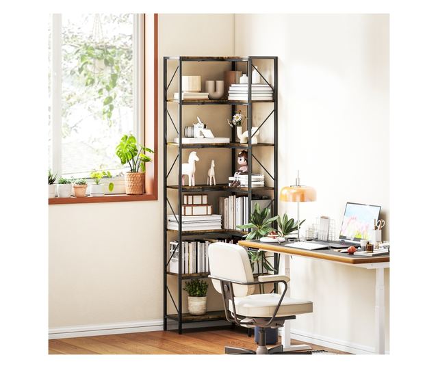 Raft de colț cu 7 trepte, bibliotecă industrială în formă de L, raft de depozitare independent pentru birou acasă, cameră de zi,