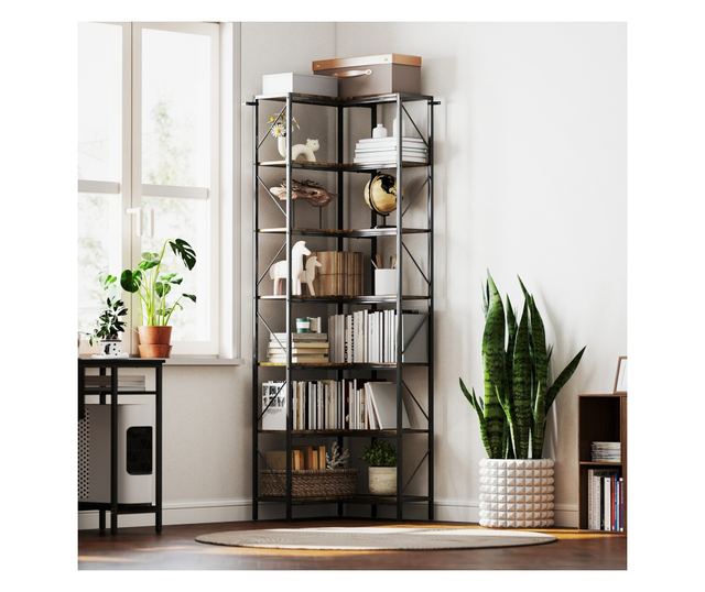 Raft de colț cu 7 trepte, bibliotecă industrială în formă de L, raft de depozitare independent pentru birou acasă, cameră de zi,