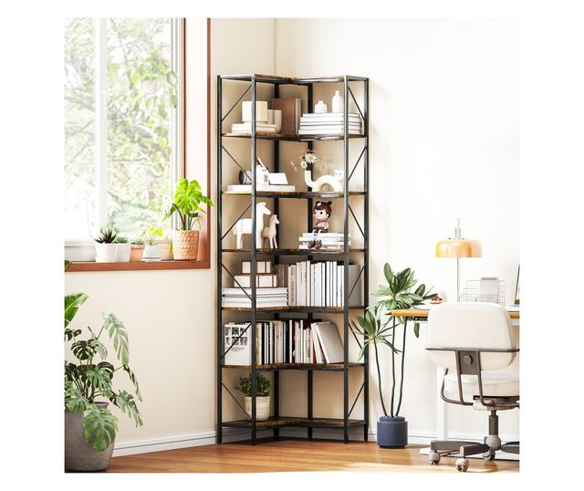 Raft de colț cu 7 trepte, bibliotecă industrială în formă de L, raft de depozitare independent pentru birou acasă, cameră de zi,