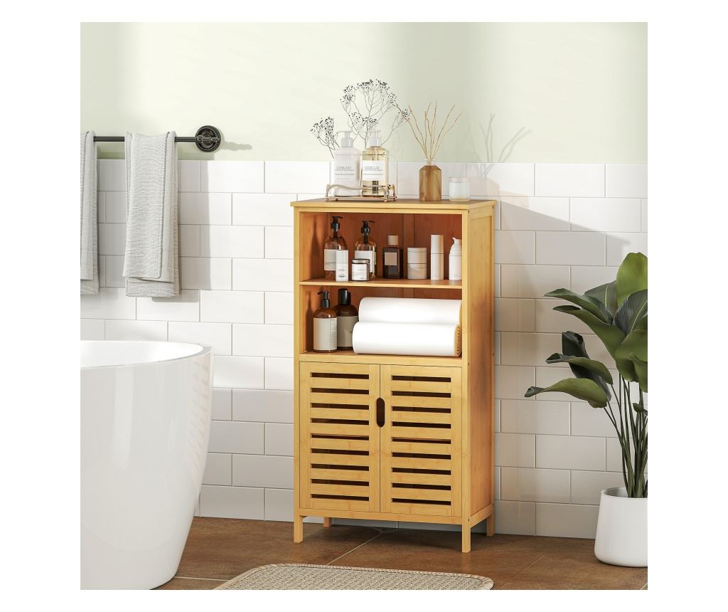 Dulap de Baie din Bambus, Dulap Compact cu 2 Uși cu Șipci și Rafturi Deschise, Dulap de Podea pentru Baie, Bucătărie, Living, 50 - 3
