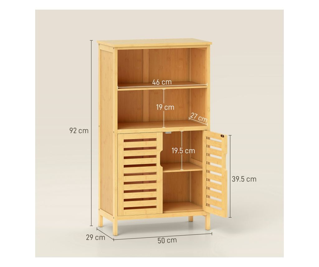Dulap de Baie din Bambus, Dulap Compact cu 2 Uși cu Șipci și Rafturi Deschise, Dulap de Podea pentru Baie, Bucătărie, Living, 50 - 5