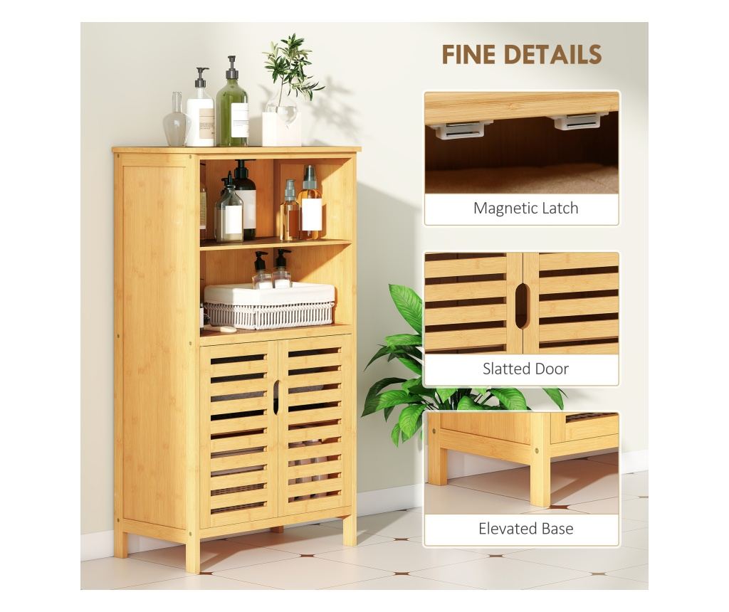 Dulap de Baie din Bambus, Dulap Compact cu 2 Uși cu Șipci și Rafturi Deschise, Dulap de Podea pentru Baie, Bucătărie, Living, 50 - 11