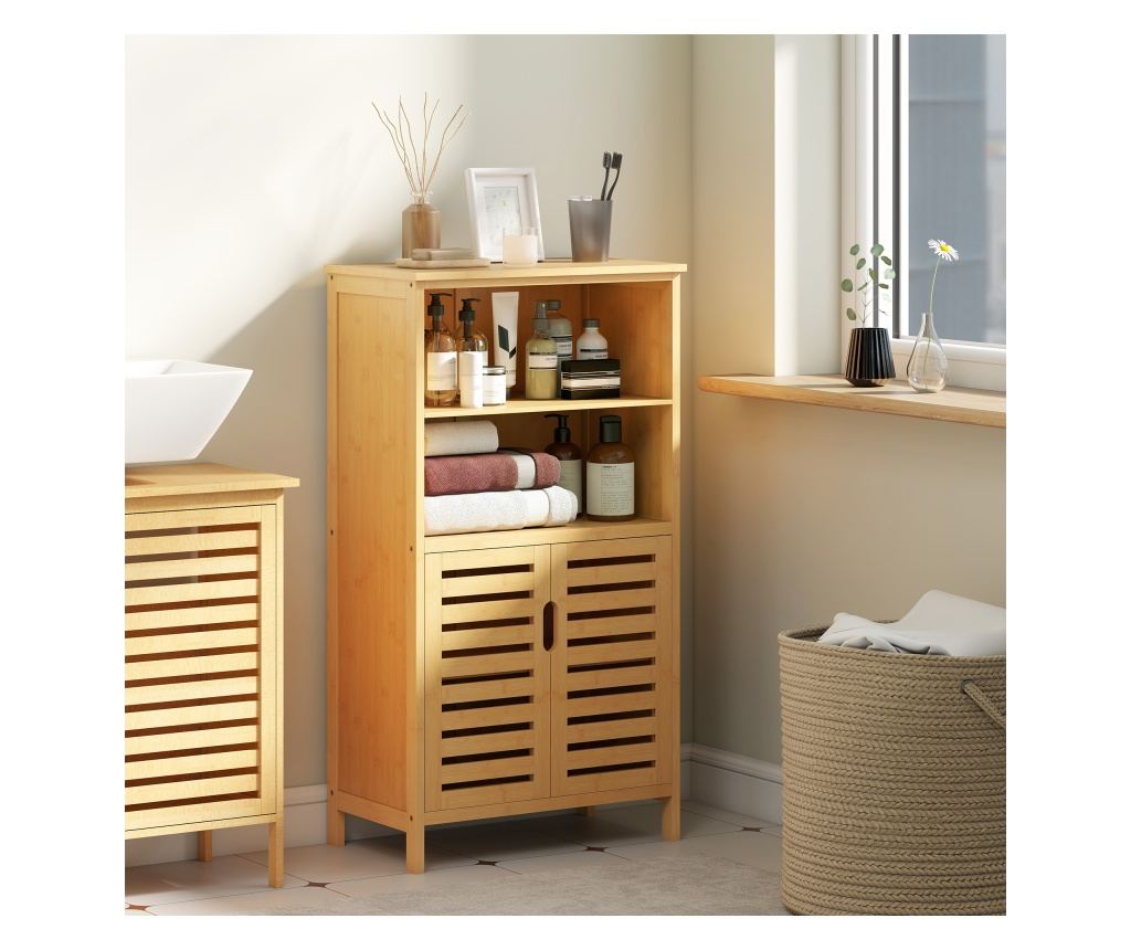 Dulap de Baie din Bambus, Dulap Compact cu 2 Uși cu Șipci și Rafturi Deschise, Dulap de Podea pentru Baie, Bucătărie, Living, 50 - 15