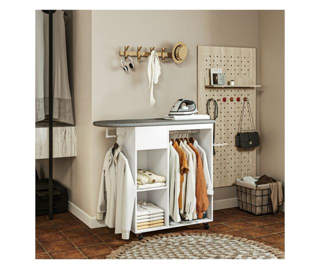 Masă de Călcat cu Suport pentru Fier de Călcat, Suport pentru Haine, Sertar și Raft, 125x43,5x102.5 cm, Alb