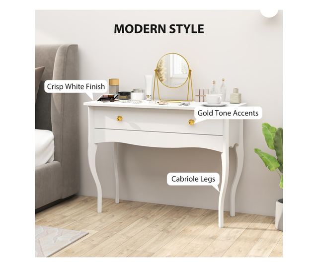 Modern Vanity Table with Wide Drawer and Cabriole Legs, Bedroom Makeup  Desk, White - Vivre