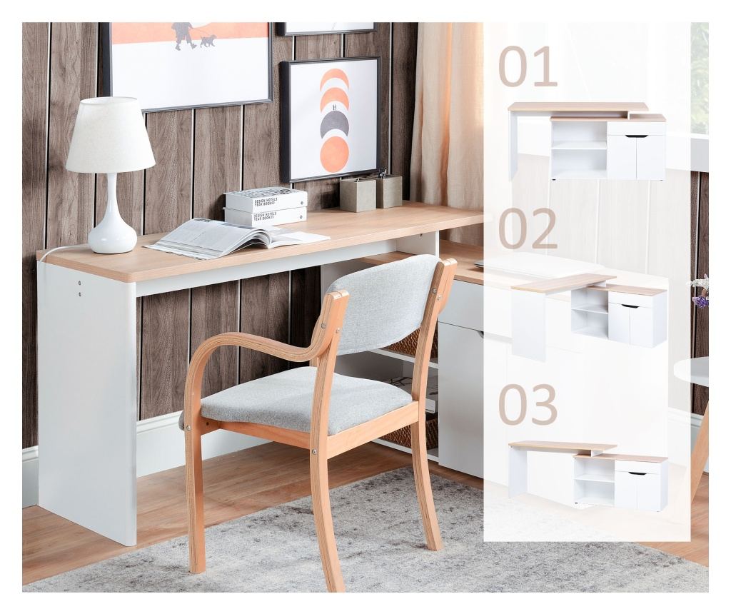 Birou cu Blat Extensibil pentru PC și Bibliotecă, 140x117x76 cm, Alb - 4