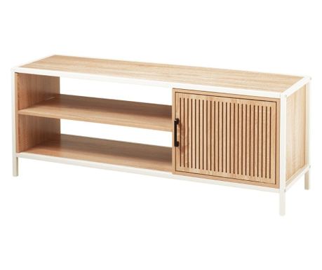 Komoda s metalnim okvirom i MDF policama, prirodni dizajn s drvenim vratima, 116x33x45 cm, bijela