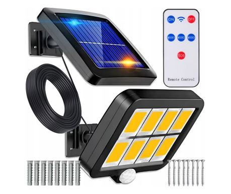 Lampa Solară cu Telecomanda MRG MGL8 , 160 Led, Led Cob, cu Cablu, 30W, IP65 Li-Ion, u 3 Moduri, Încărcare Solară, Senzor Miscar
