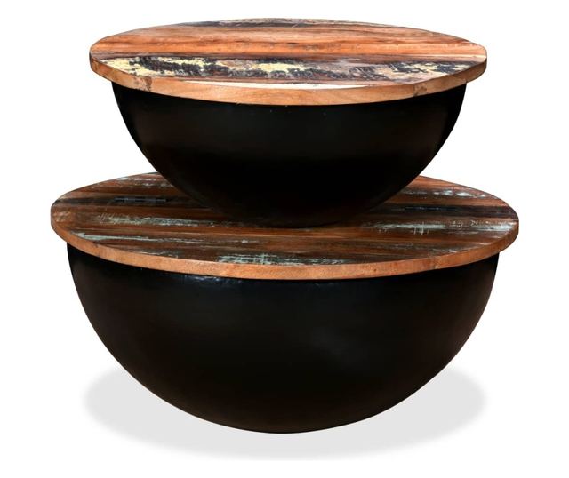 Set stolića za kavu, 2 komada, crna, reciklirano masivno drvo u obliku zdjele