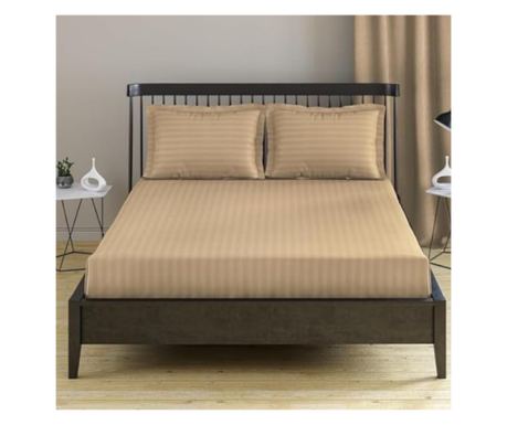 Kotonia Home Deco rugalmas ágyneműhuzat, 100% pamut, damaszt szatén, 1 cm-es csíkokkal, Cappuccino, 180x200+25 cm