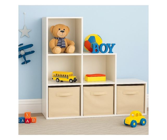 Dječja polica za knjige i organizator igračaka, GINGER HOME sa 6 polica i platnenim kutijama, bijela, Montessori namještaj