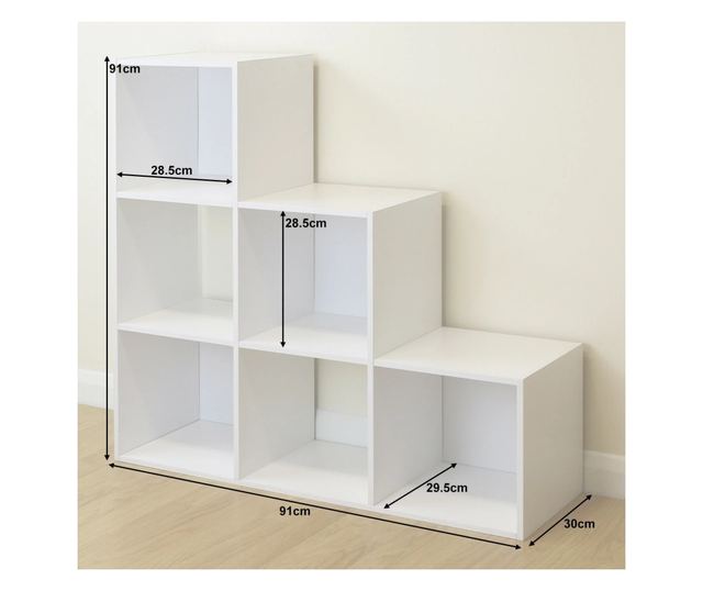 Dječja polica za knjige i organizator igračaka, GINGER HOME sa 6 polica i platnenim kutijama, bijela, Montessori namještaj