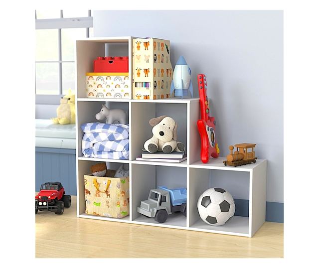 Dječja polica za knjige i organizator igračaka, GINGER HOME sa 6 polica i platnenim kutijama, bijela, Montessori namještaj