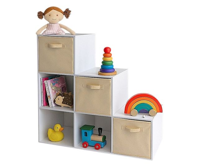 Dječja polica za knjige i organizator igračaka, GINGER HOME sa 6 polica i platnenim kutijama, bijela, Montessori namještaj