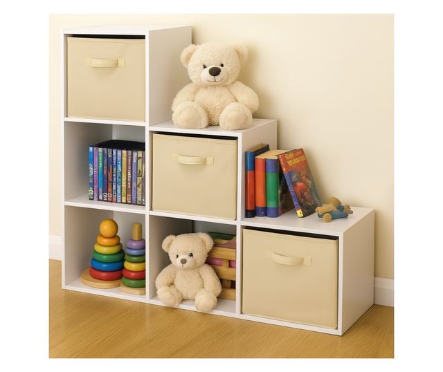 Dječja polica za knjige i organizator igračaka, GINGER HOME sa 6 polica i platnenim kutijama, bijela, Montessori namještaj