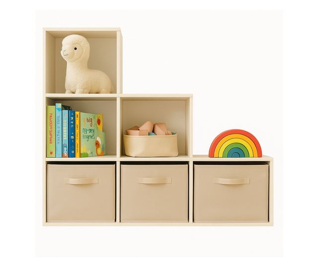 Dječja polica za knjige i organizator igračaka, GINGER HOME sa 6 polica i platnenim kutijama, bijela, Montessori namještaj