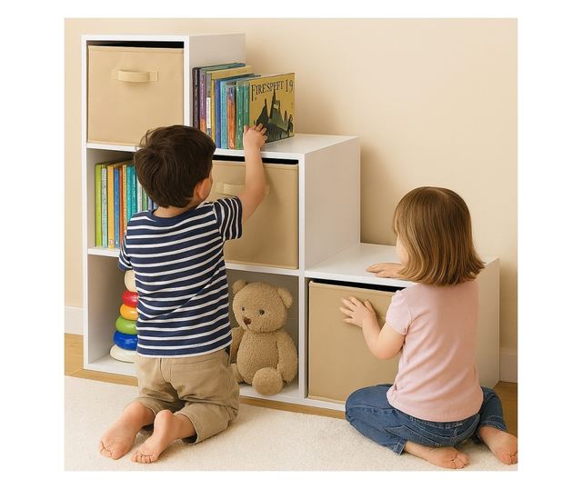 Dječja polica za knjige i organizator igračaka, GINGER HOME sa 6 polica i platnenim kutijama, bijela, Montessori namještaj